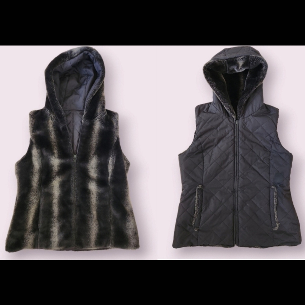Kristen Blake | EUC Reversible Faux Fur Puffer Zip up Vest Hooded‎ Size M